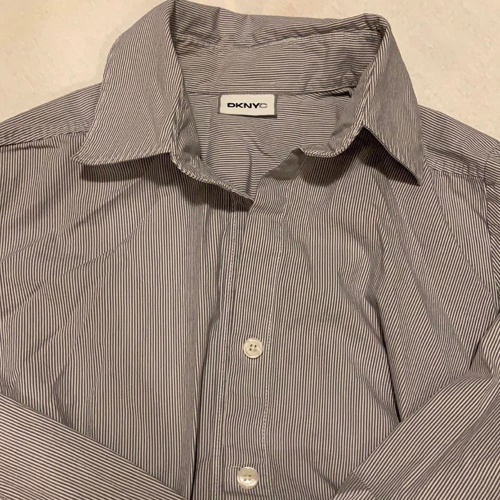 Striped white and blue button down shirt